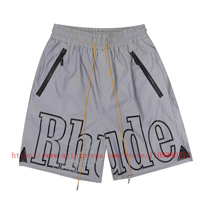Latest Style RHUDE Men's  Casual Shorts Hip Hop Elastic Waist Drawstring Zip Pocket Summer Street Leisure Beach Shorts