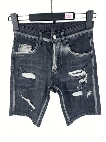 3006 Summer New Men's Jeans Washed Ripped Patch Paint Slim-fit Micro-elastic Denim Shorts Men's Black