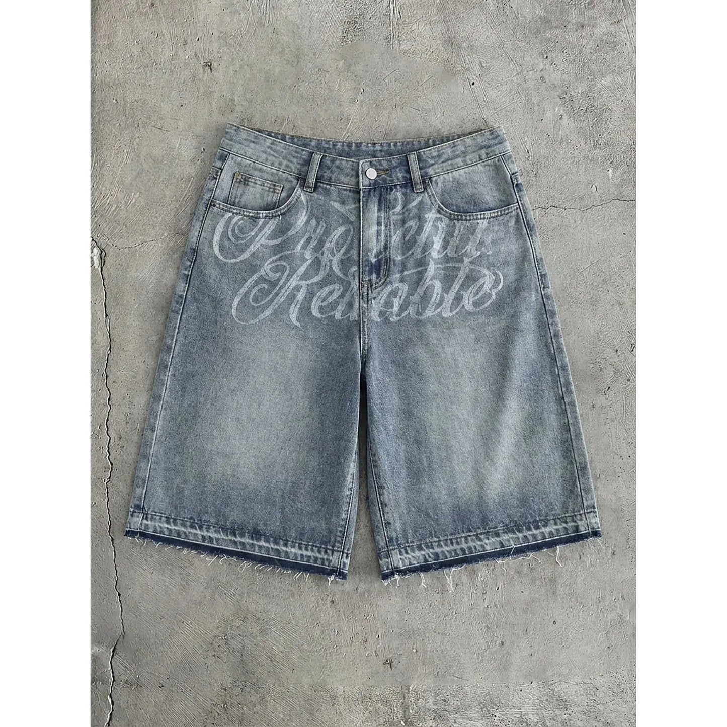 Men's Non-Stretch Denim Shorts Summer Laser Burn Letter Print Streetwear Loose Fit Raw Hem Five-Point Mid Jeans Shorts