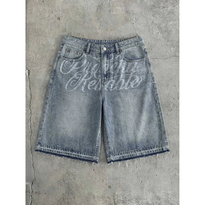 Men's Non-Stretch Denim Shorts Summer Laser Burn Letter Print Streetwear Loose Fit Raw Hem Five-Point Mid Jeans Shorts