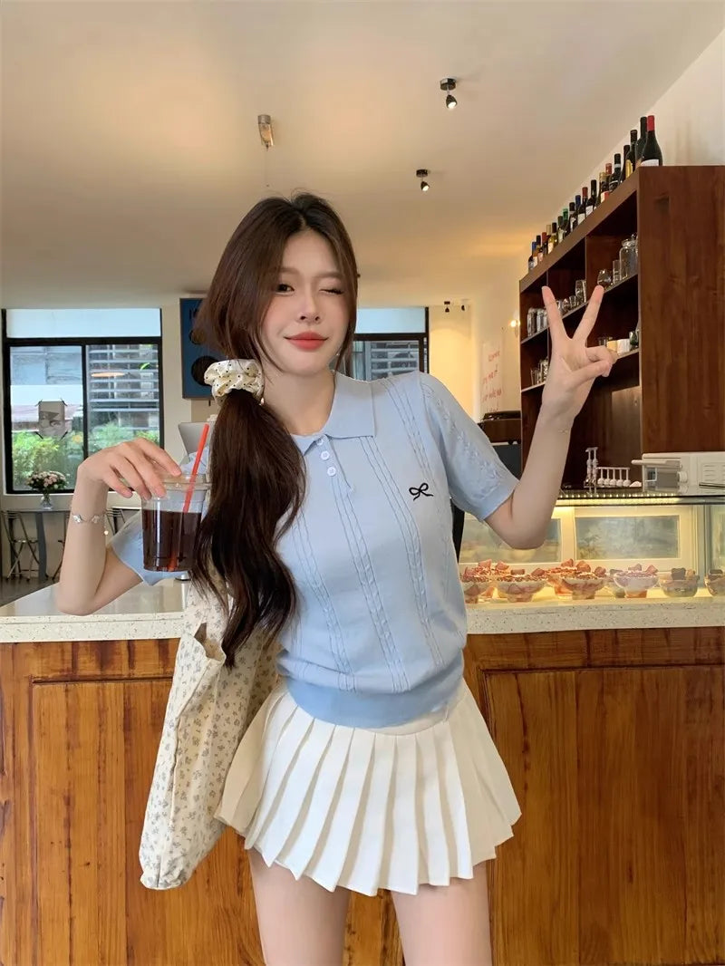 AOSSVIAO Summer New Korean Fashion Slim Polo shirt Knitted Short Sleeve T-shirt Sweet Bow Embroidered Knitted  Women Tops