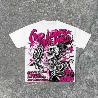 Summer men's fashion style skull print comfortable and breathable with round neck T-shirt outdoor warning top