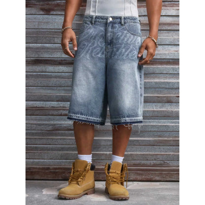 Men's Non-Stretch Denim Shorts Summer Laser Burn Letter Print Streetwear Loose Fit Raw Hem Five-Point Mid Jeans Shorts