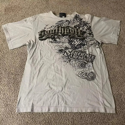 Southpole Y2K Vintage Cotton Graphic Tee Distressed Oversized Unisex T-Shirt with Gothic Print Streetwear Retro Soft Shirt Man