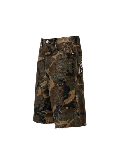 Retro Men Python Patterned Jeans High Street Straight Leg Baggy Wide Leg Camouflage Five Quarter Jeans Hip Hop Rock Unisex Jeans