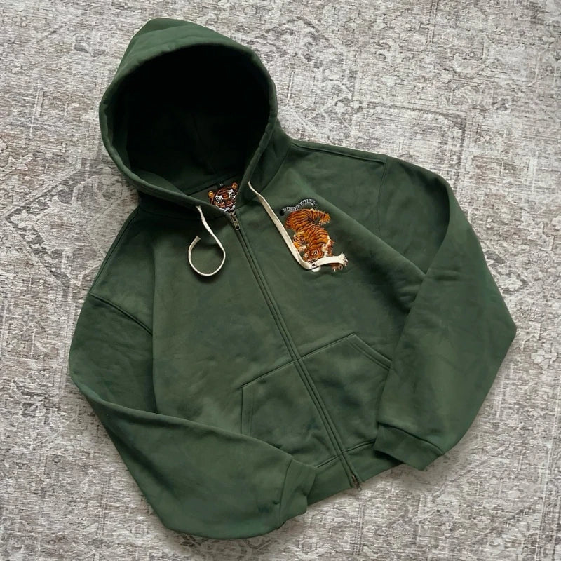 Y2k Men Women Casual Tiger Embroidery Hoodie Oversized Zip Up Sweatshirts Long Sleeve With Kangaroo Pocket Olive Green Clothes
