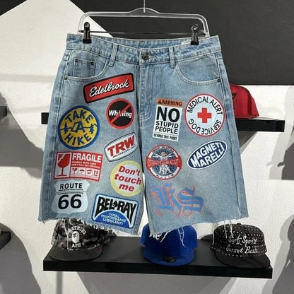 American Retro Denim Shorts Y2K Jeans Harajuku Hip Hop Cartoon Embroidery Retro Baggy Shorts Low Waist Sports Basketball Shorts