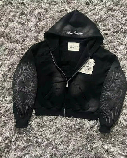 Mountainous Carving Harajuku Hoodie Y2K New Fleece Thickened Got Print Zipper Hoodie Women Street Hip Hop Joker Loose Sweatshirt