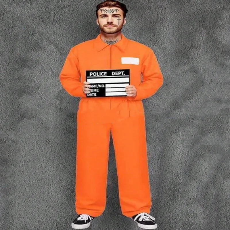Halloween Costume Orange Prisoner Uniform Guard Set Adult Prisoner Costume Party Stage Cosplay Attire