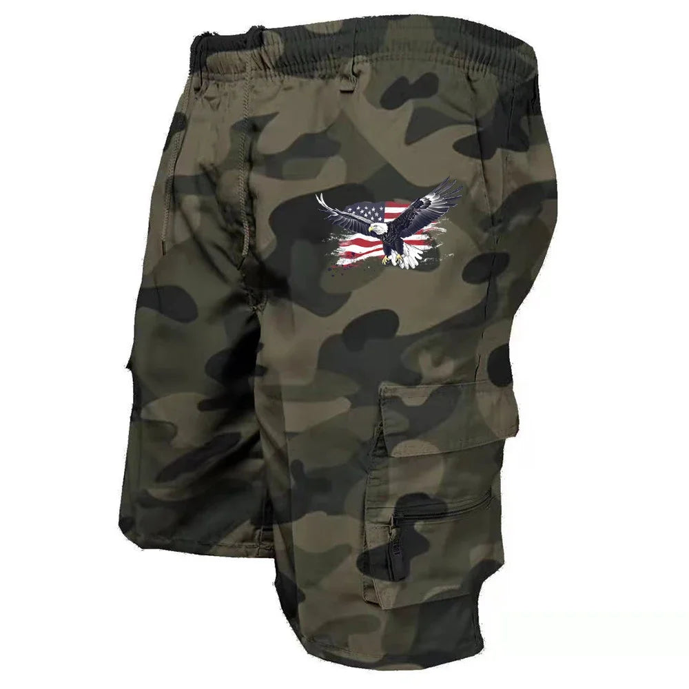 Male Cargo Shorts Elastic Waist Cycling Shorts Multi-pockets Loose Work Short Pants Outdoor Sport Printed Casual Shorts