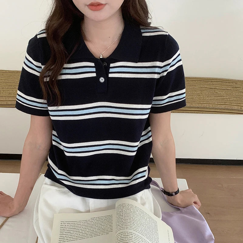 Summer 100% cotton women's T-shirt casual striped knit pullover short sleeved loose POLO collar Tees Pull fashion tops