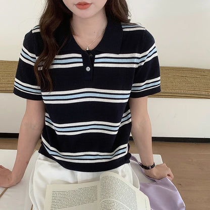 Summer 100% cotton women's T-shirt casual striped knit pullover short sleeved loose POLO collar Tees Pull fashion tops