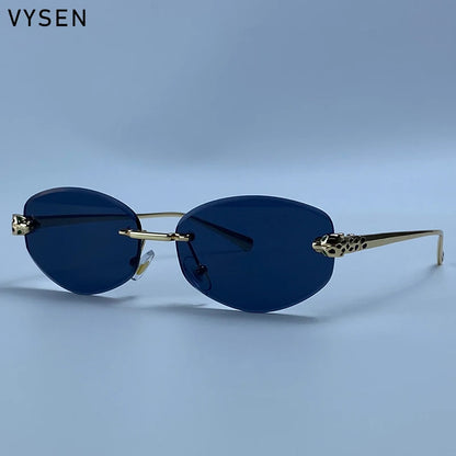 Vintage Rimless Oval Punk Sunglasses Men Luxury Designer Leopard Head Frameless Sun Glasses Hip Hop Outdoor Shades Eyewear