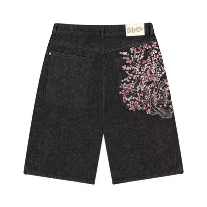 Denim shorts hip hop heraldic embroidered boy and girlfriend punk casual basketball shorts Y2K Harajuku retro street wear