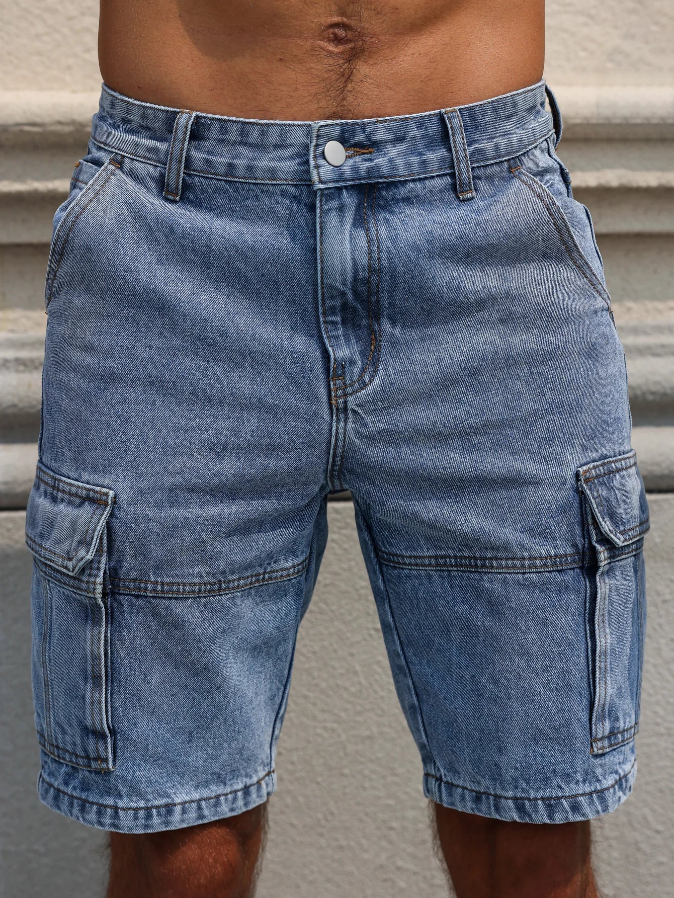 Men's Summer Blue Regular Denim Shorts. Multi-Pocket Design. Stylish and Casual.
