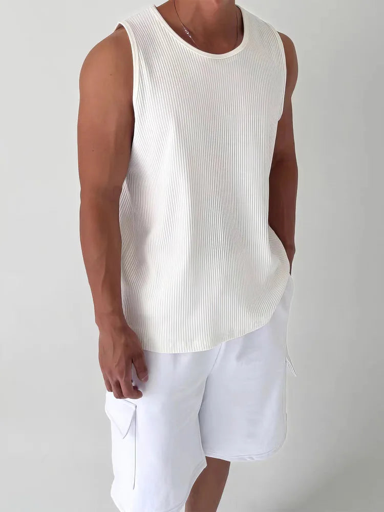 Men's White Ribbed Tank Top Summer Loose Fit Round Neck Gym Workout Sleeveless T-Shirt Sport Breathable Muscle Vest
