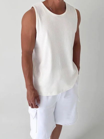 Men's White Ribbed Tank Top Summer Loose Fit Round Neck Gym Workout Sleeveless T-Shirt Sport Breathable Muscle Vest