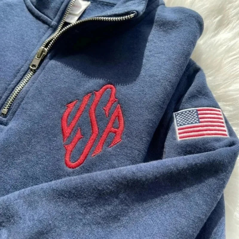 Y2K Retro Quarterzip Pullover Hoodie Embroidery Sweatshirt American Vintage Old Money Casual Streetwear Unisex Oversized Coat