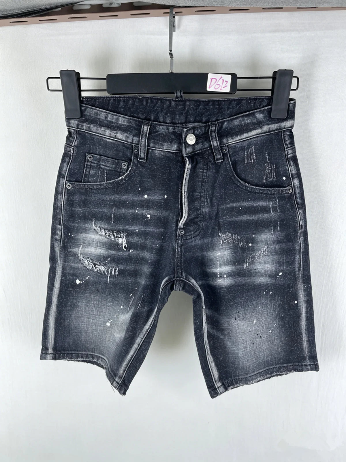 3006 Summer New Men's Jeans Washed Ripped Patch Paint Slim-fit Micro-elastic Denim Shorts Men's Black