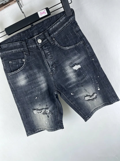 3006 Summer New Men's Jeans Washed Ripped Patch Paint Slim-fit Micro-elastic Denim Shorts Men's Black