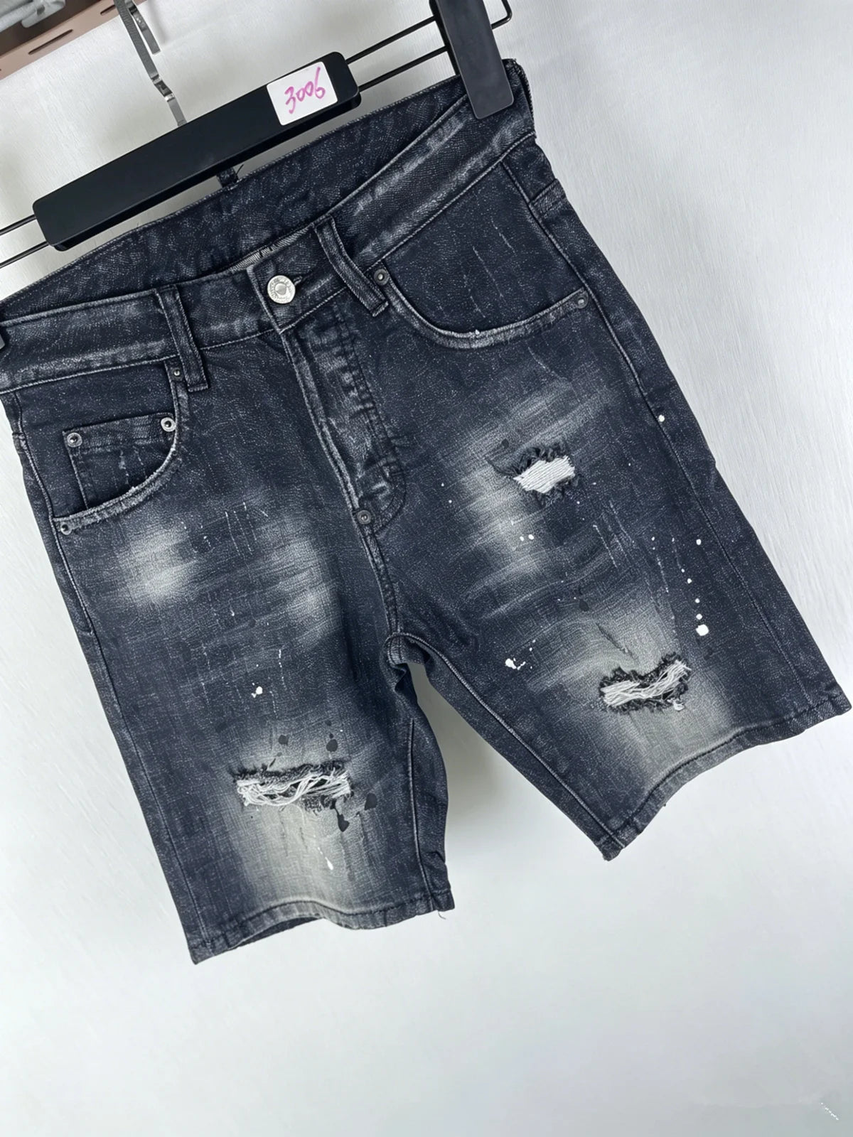 3006 Summer New Men's Jeans Washed Ripped Patch Paint Slim-fit Micro-elastic Denim Shorts Men's Black