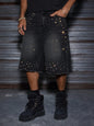 Men's Rhinestone Denim Shorts Baggy Raw Hem Jean Shorts Summer Casual Streetwear Y2K Black Washed No Stretch Pants