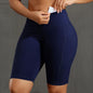 Solid Color Women Shorts with 3 Pockets Butt Lifting Workout Tights Stretch Athletic Five-pointed Pants Outdoor Fitness Shorts