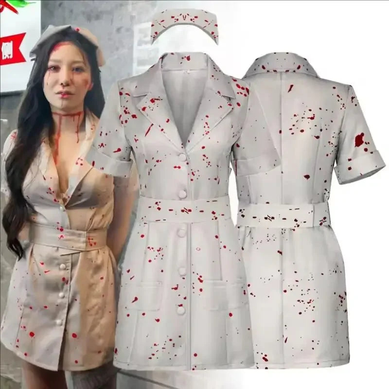 Silent Hill Nurse Cosplay Costume, Womens White Bloodstained Uniform With Belt And Hat, Halloween Fancy Dress For Comic