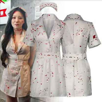 Silent Hill Nurse Cosplay Costume, Womens White Bloodstained Uniform With Belt And Hat, Halloween Fancy Dress For Comic