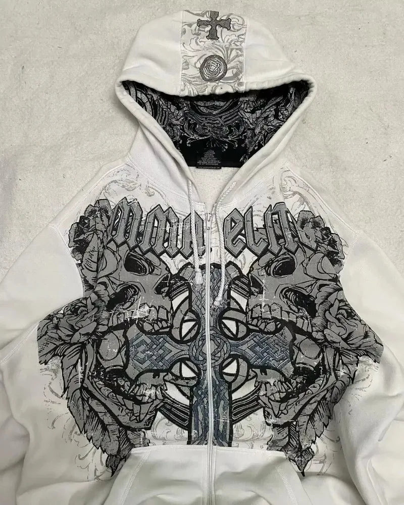 American Vintage Oversized Skull Graphic Zipper Hoodie Men Y2K Harajuku Hip Hop Gothic Couple Casual Joker Sweatshirt Coats