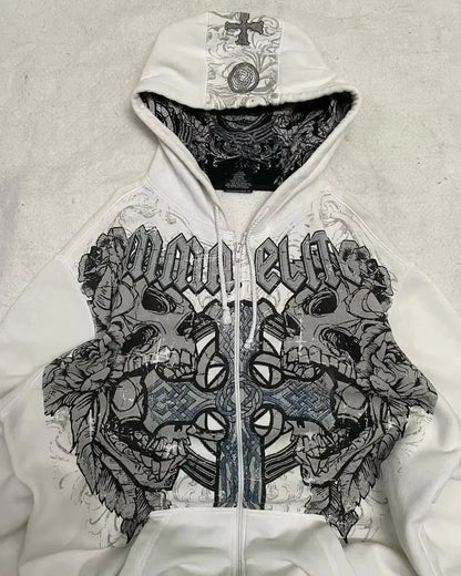 American Vintage Oversized Skull Graphic Zipper Hoodie Men Y2K Harajuku Hip Hop Gothic Couple Casual Joker Sweatshirt Coats