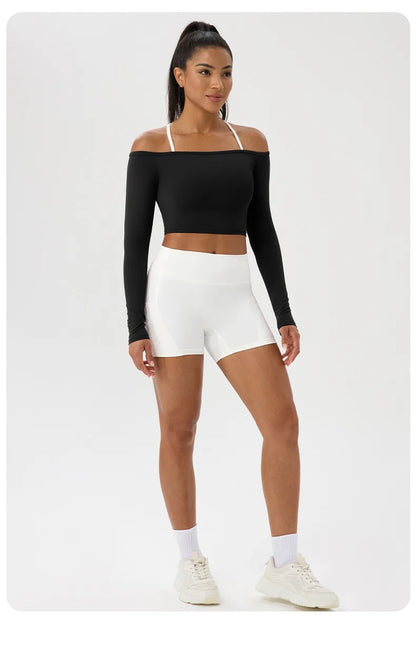 Long Sleeve Yoga T-Shirt for Women, Off Shoulder, Sexy Tight Gym Workout Top, Naked Feeling, Quick Dry Sports Activewear