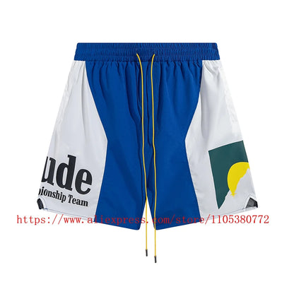 Latest Style RHUDE Men's  Casual Shorts Hip Hop Elastic Waist Drawstring Zip Pocket Summer Street Leisure Beach Shorts