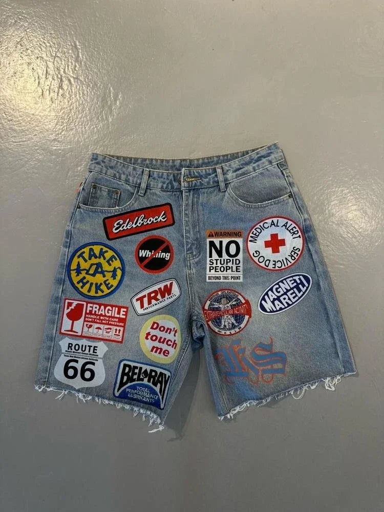 American Retro Denim Shorts Y2K Jeans Harajuku Hip Hop Cartoon Embroidery Retro Baggy Shorts Low Waist Sports Basketball Shorts