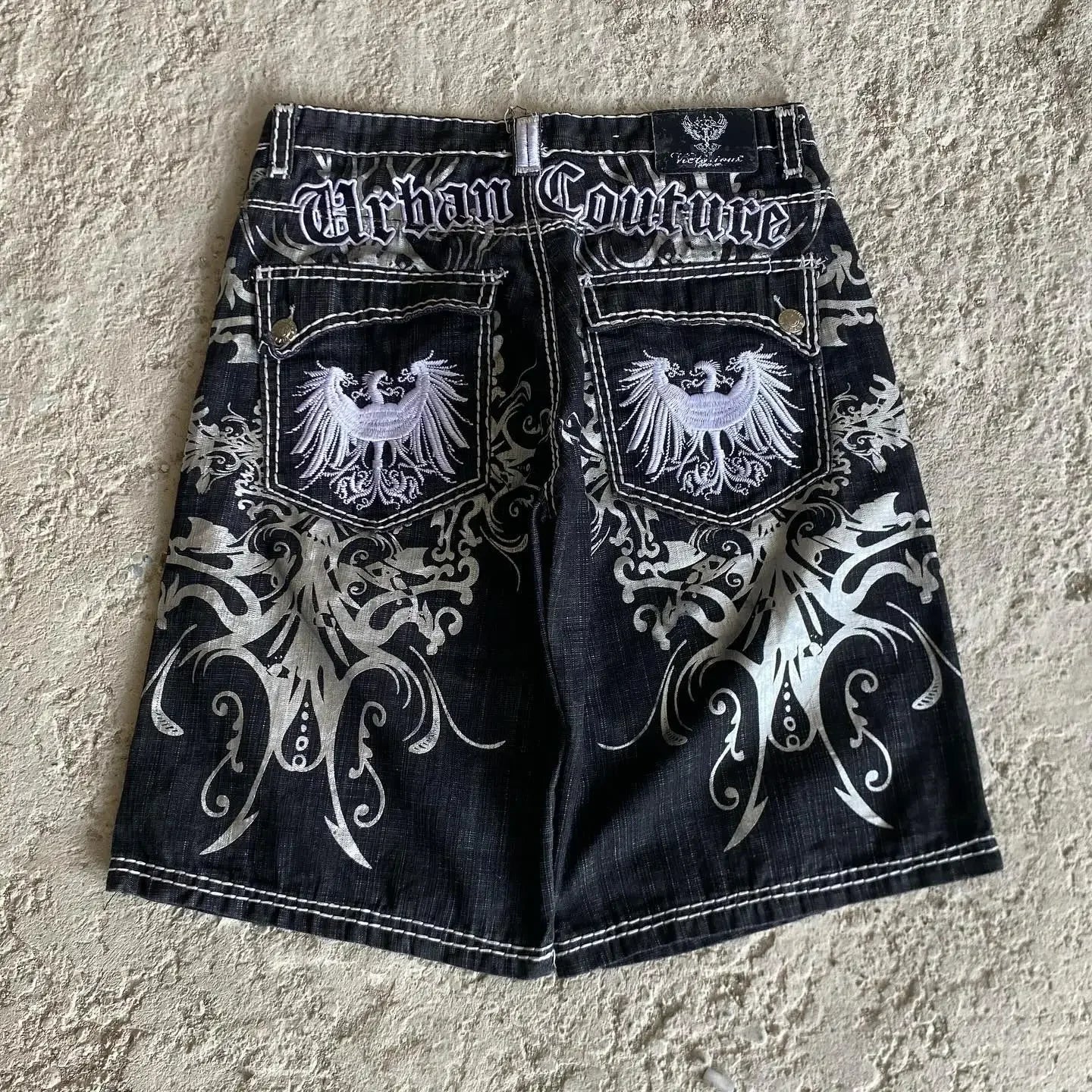 Denim shorts hip hop heraldic embroidered boy and girlfriend punk casual basketball shorts Y2K Harajuku retro street wear