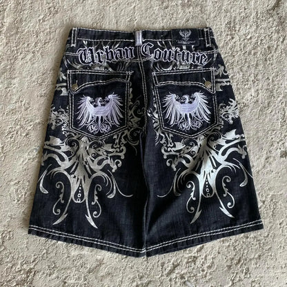 Denim shorts hip hop heraldic embroidered boy and girlfriend punk casual basketball shorts Y2K Harajuku retro street wear