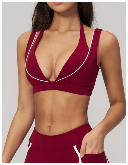 Women Deep V Neck Sports Bra Wide Strap Open V Back Contrast Piping Padded Push Up Gym Workout Top Yoga Bras Activewear Summer