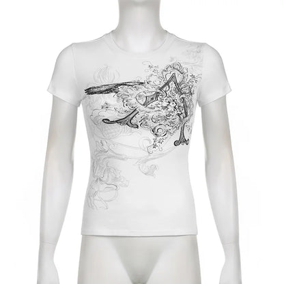 Retro Graphic Crop Top White Short Sleeve O Neck Casual T Shirt for Women y2k Aesthetic Vintage Basic Tees Ladies Clothes