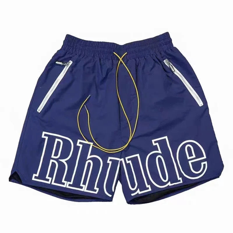 Latest Style RHUDE Men's  Casual Shorts Hip Hop Elastic Waist Drawstring Zip Pocket Summer Street Leisure Beach Shorts