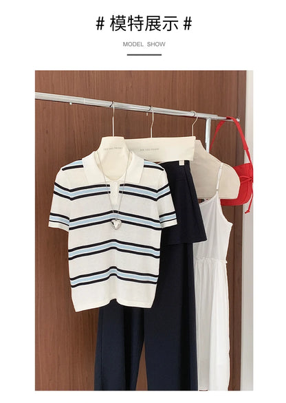 Summer 100% cotton women's T-shirt casual striped knit pullover short sleeved loose POLO collar Tees Pull fashion tops