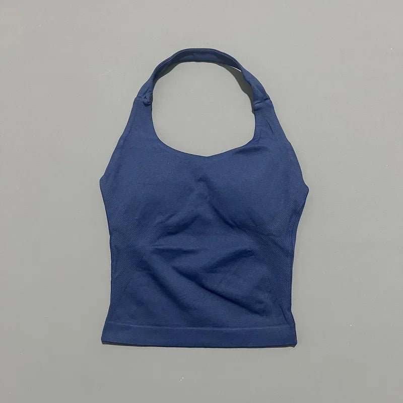 Histello Longline Strappy Top Women Sports Tank Halter Seamless Ruched Backless Gym Activewear Workout Yoga Fitness Tops