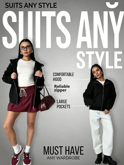 Women Oversized Zip Up Hoodie Solid Black Loose Full Zipper Hooded Sweatshirt Casual Pocket Streetwear Soft Thick Hooded Jacket