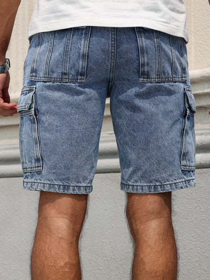 Men's Summer Blue Regular Denim Shorts. Multi-Pocket Design. Stylish and Casual.