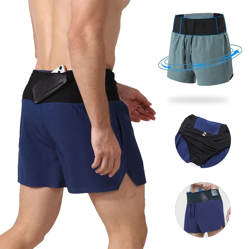 Quick Dry Men Running Shorts Double Layer Sport Shorts With Fanny Pack Multi Pockets