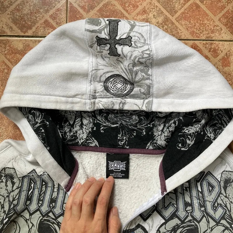 American Vintage Oversized Skull Graphic Zipper Hoodie Men Y2K Harajuku Hip Hop Gothic Couple Casual Joker Sweatshirt Coats