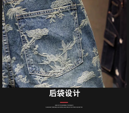 Jacquard Denim Shorts Chinese Style Straight Five-Point Pants Trendy Mid-Length Jeans New Fashion Tide Summer