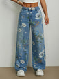 European and American-style women's printed wide-leg jeans, fashionable blue denim pants.