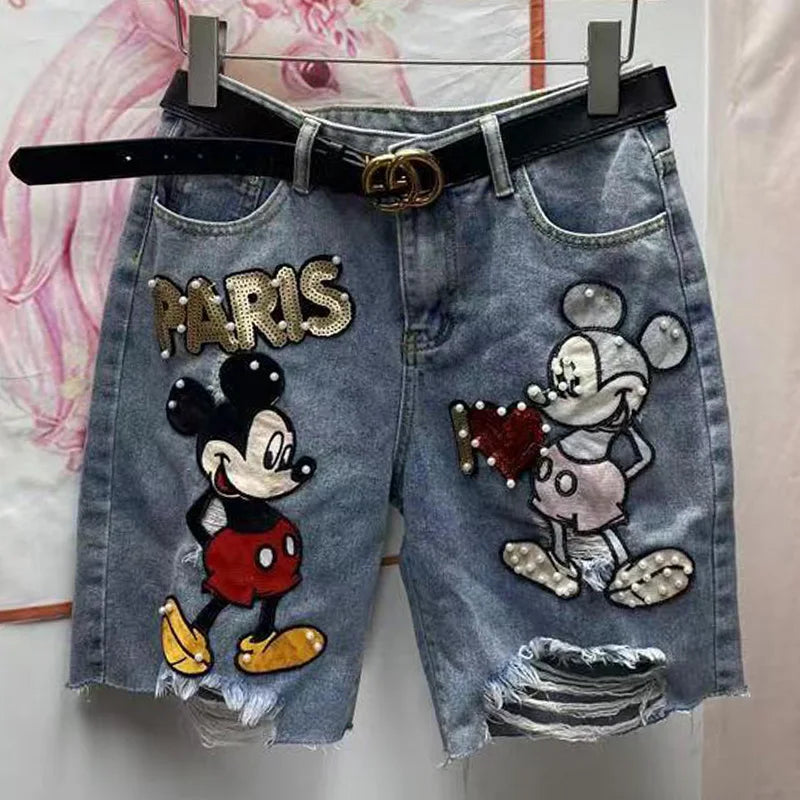 Supzoom New Arrival Loose Casual Summer Top Fashion Cotton Embroidery Beading Mickey Mouse Summer Denim Shorts