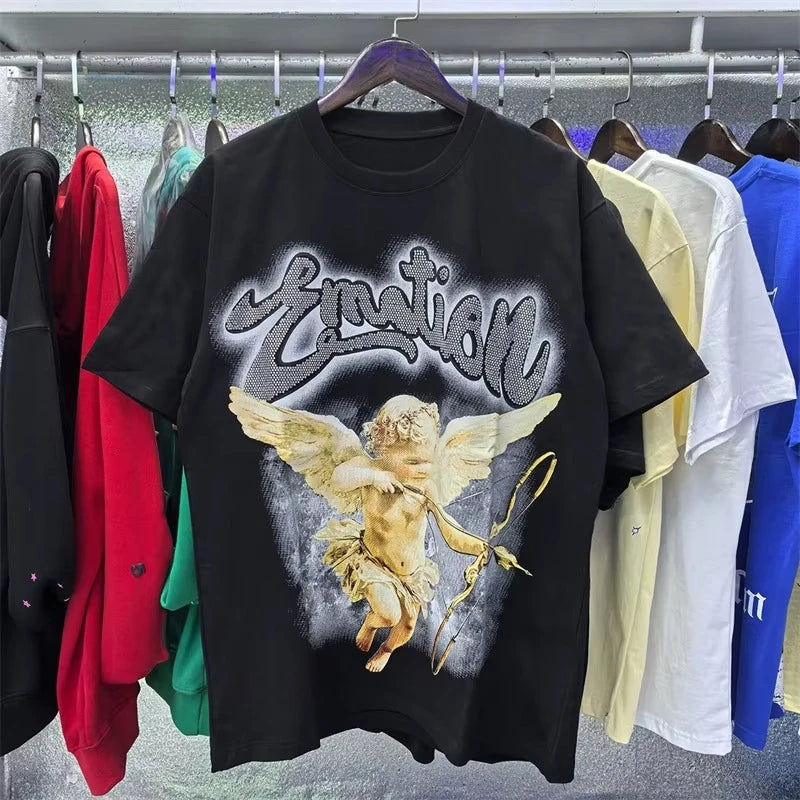Unisex Couple Street Style Angel Print Summer Top Round Neck Short Sleeve T-Shirt