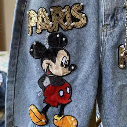 Supzoom New Arrival Loose Casual Summer Top Fashion Cotton Embroidery Beading Mickey Mouse Summer Denim Shorts